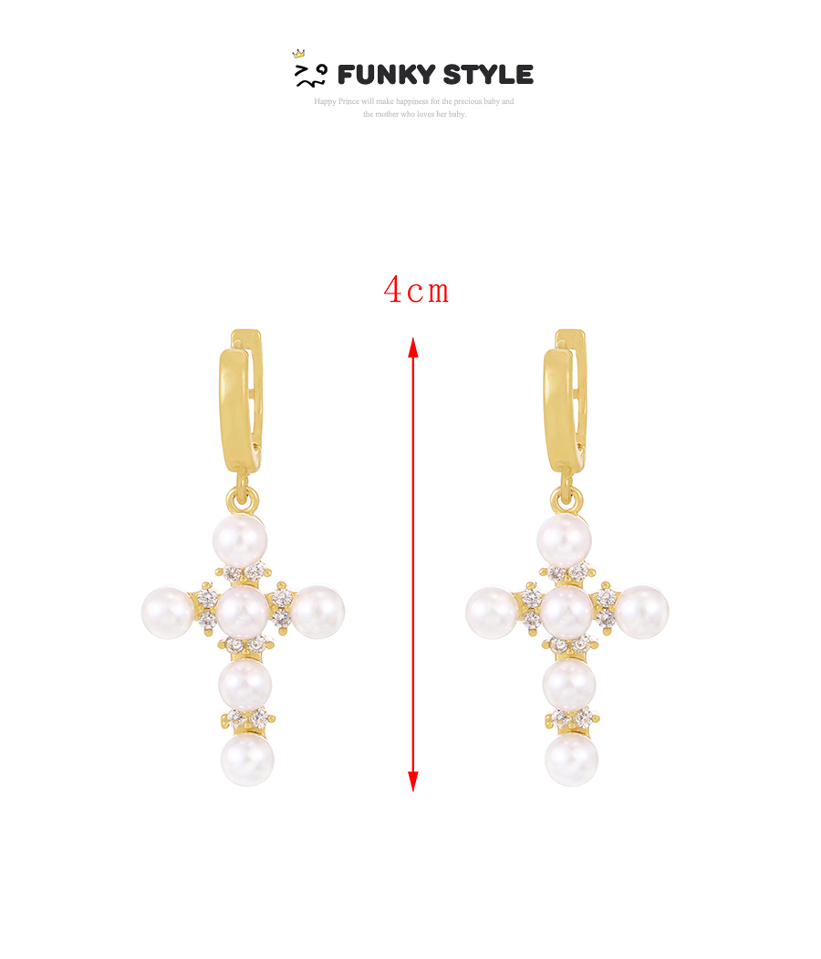 Fashion Gold-2 Brass Zirconium Pearl Cross Earrings,Hoop Earrings