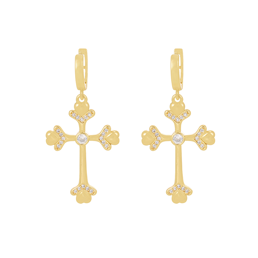 Fashion Gold-2 Brass Inset Zirconium Cross Earrings,Hoop Earrings