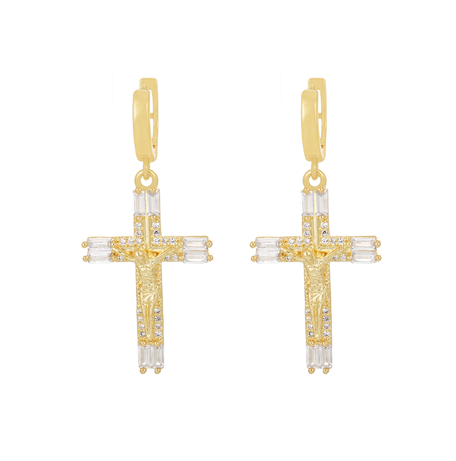 Fashion Gold Brass Inset Zirconium Cross Earrings,Hoop Earrings