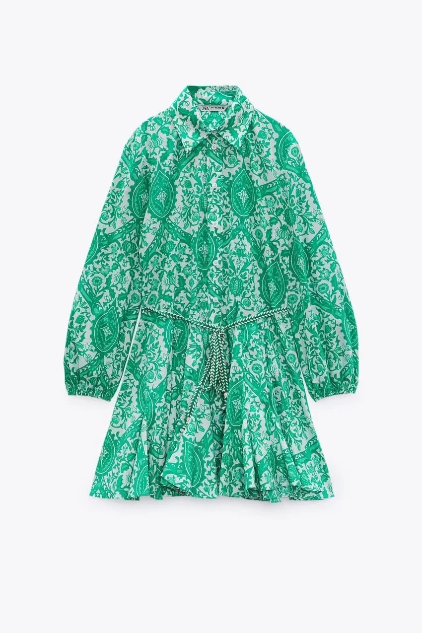 Fashion Green Printed Lapel Puff Sleeve Dress,Mini & Short Dresses