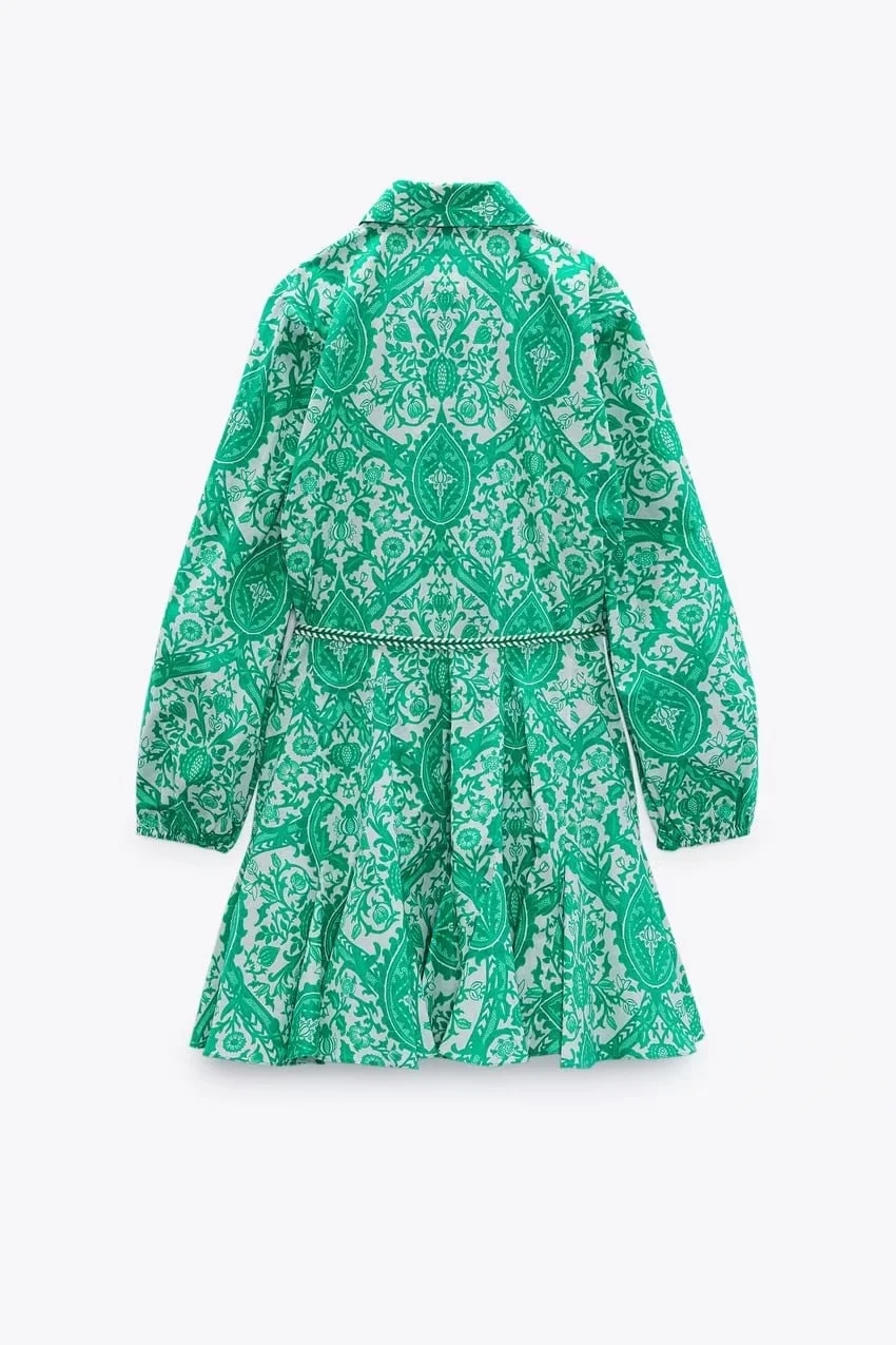 Fashion Green Printed Lapel Puff Sleeve Dress,Mini & Short Dresses
