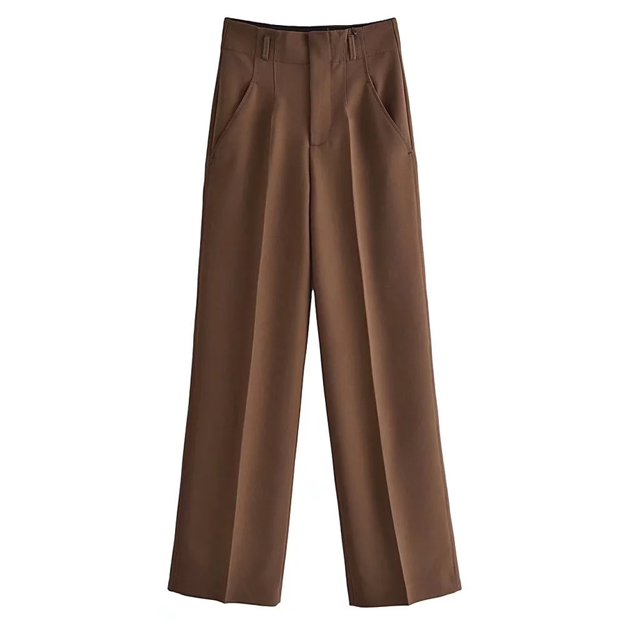 Fashion Brown Polyester Cotton High Waist Straight Leg Pants,Pants