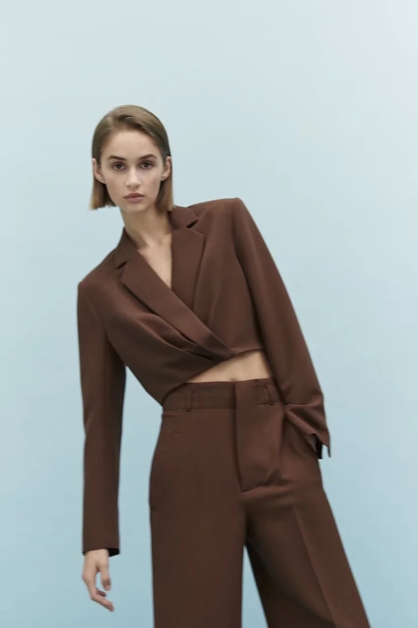 Fashion Brown Shoulder Pad Cropped Blazer,Coat-Jacket