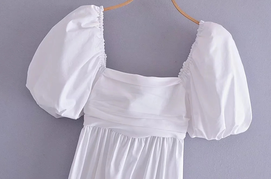Fashion White Polycotton Pleated Lapel Dress,Mini & Short Dresses