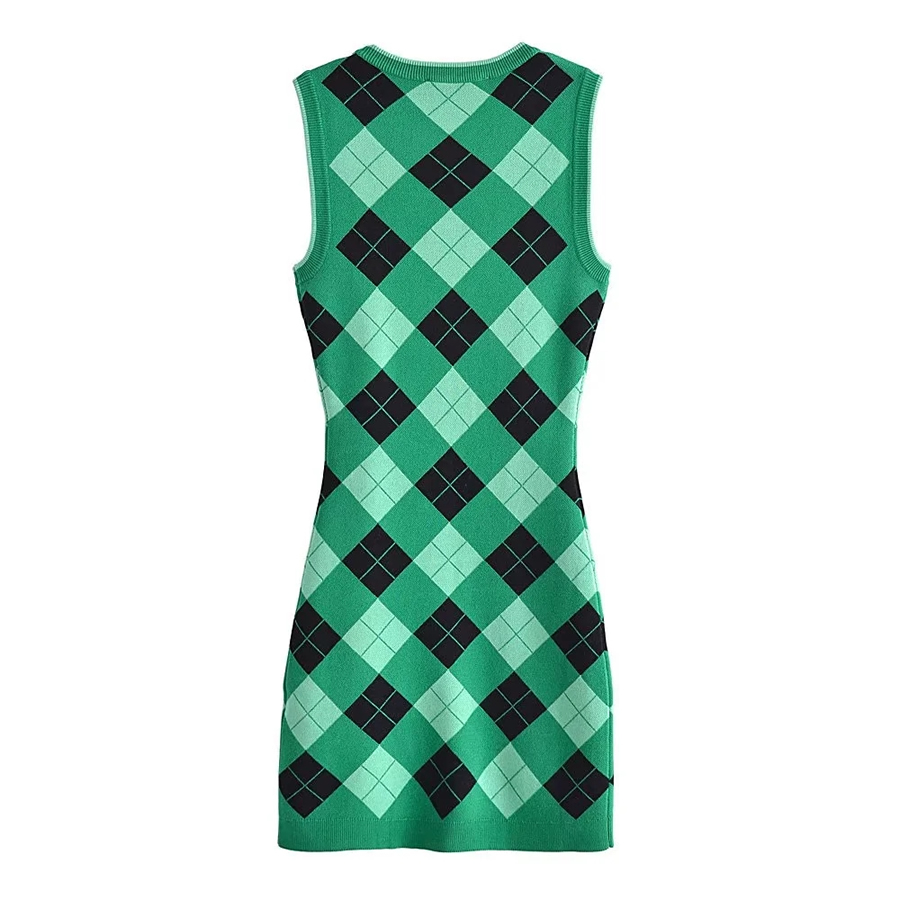 Fashion Green Plaid Argyle Knit Dress,Mini & Short Dresses