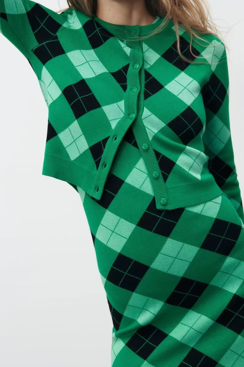Fashion Green Plaid Diamond Print Breasted Knit Jacket,Sweater