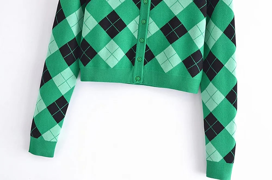 Fashion Green Plaid Diamond Print Breasted Knit Jacket,Sweater