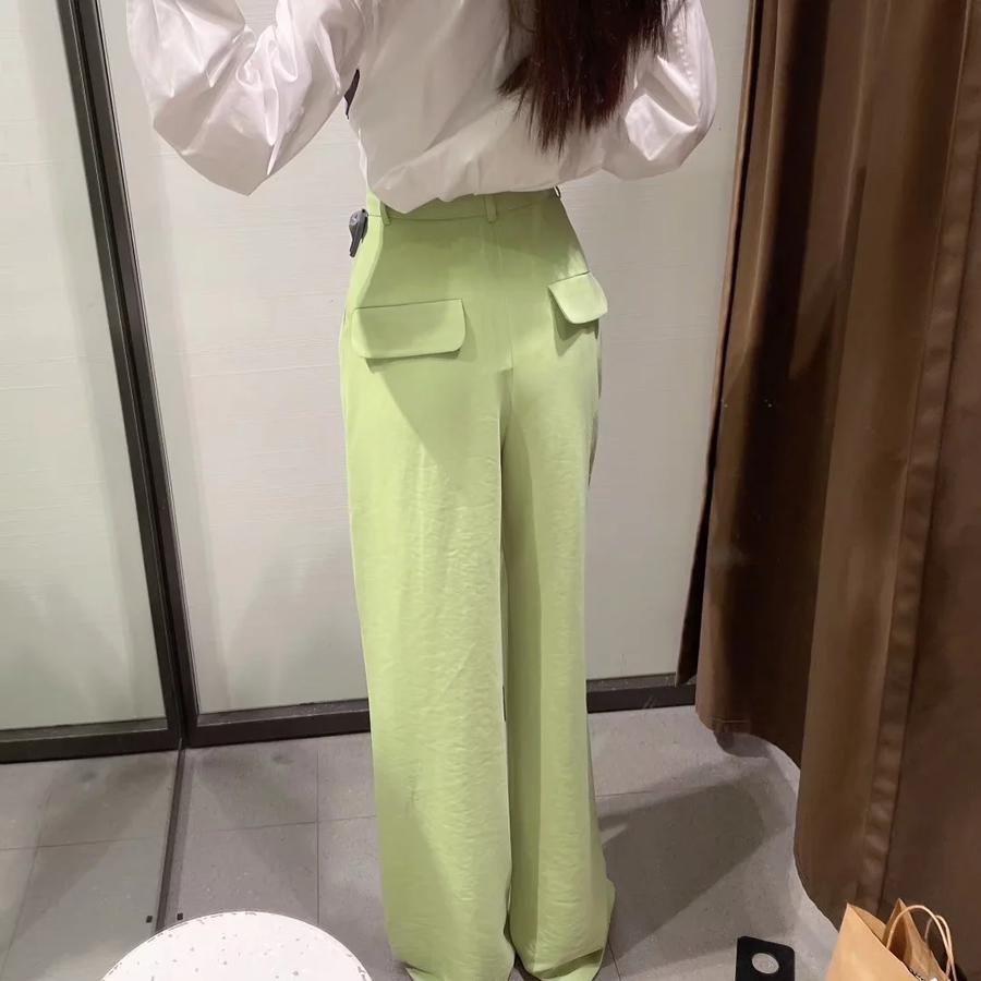 Fashion Green Poly Cotton Micro-pleated Straight-leg Trousers,Pants