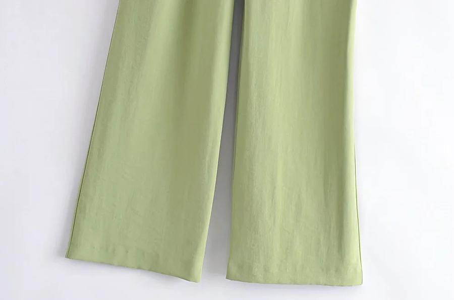 Fashion Green Poly Cotton Micro-pleated Straight-leg Trousers,Pants