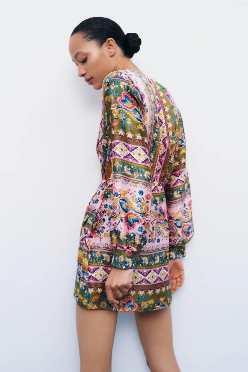 Fashion Geometric Print Silk Satin Print V-new Dress,Mini & Short Dresses