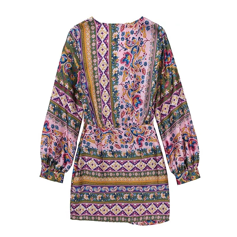 Fashion Geometric Print Silk Satin Print V-new Dress,Mini & Short Dresses