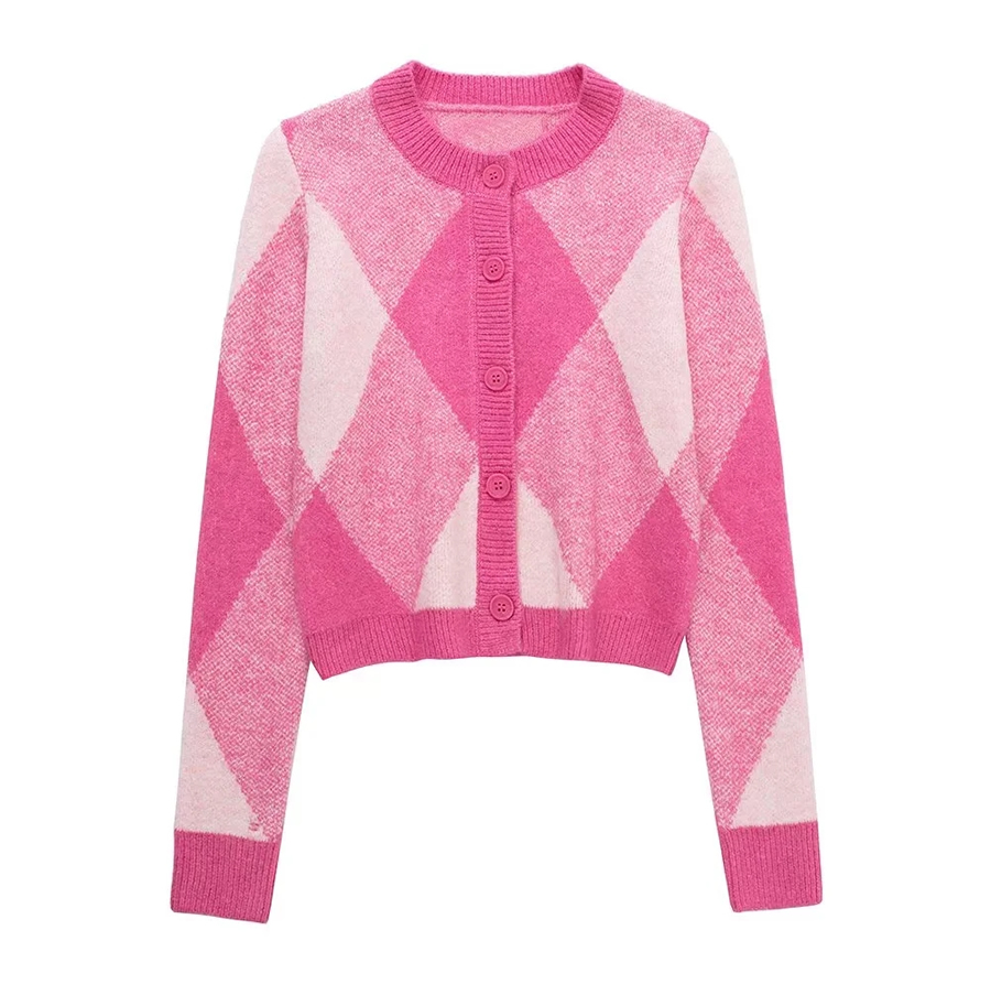 Fashion Pink Lattice Argyle Knitted Jacket,Coat-Jacket