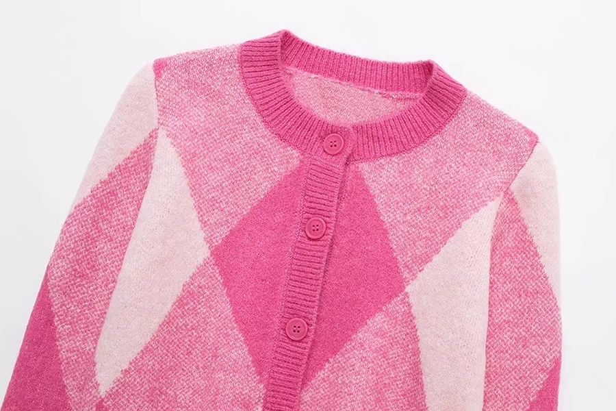 Fashion Pink Lattice Argyle Knitted Jacket,Coat-Jacket