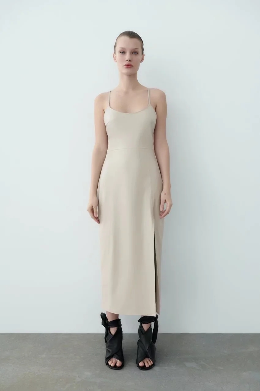 Fashion Off White Faux Leather Lingerie Back Crossover Dress,Mini & Short Dresses