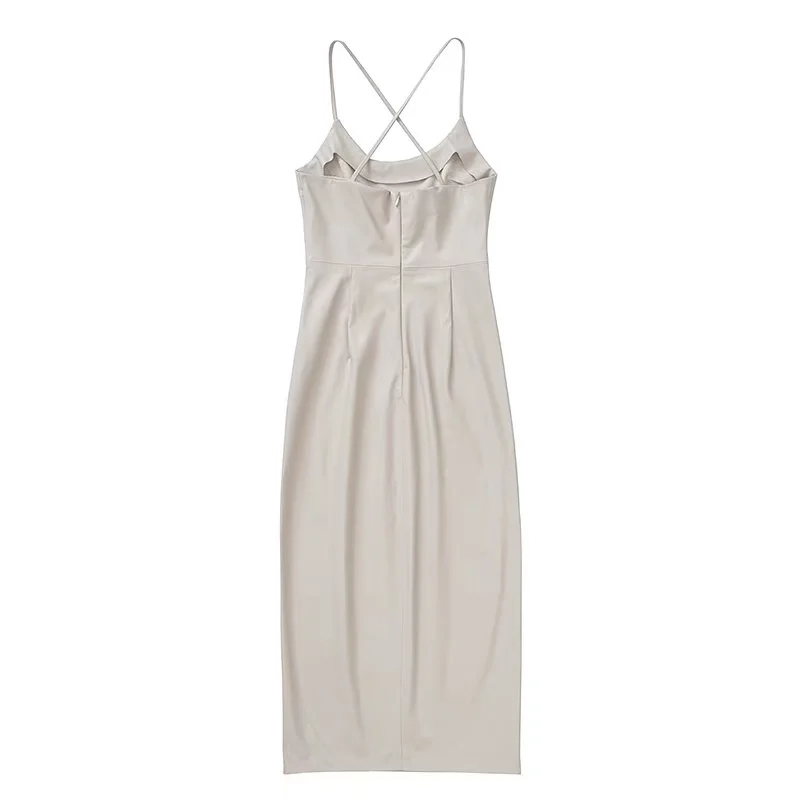 Fashion Off White Faux Leather Lingerie Back Crossover Dress,Mini & Short Dresses