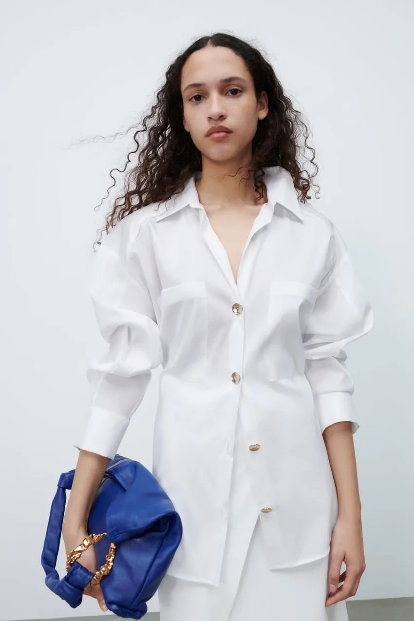 Fashion White Cotton Buttoned Lapel Shirt,Blouses