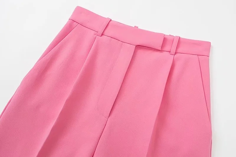 Fashion Pink Woven Micro-pleated Straight-leg Suit Trousers,Pants