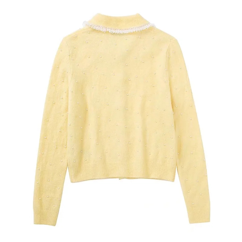 Fashion Yellow Faux Pearl-embellished Knitted Jacket,Coat-Jacket