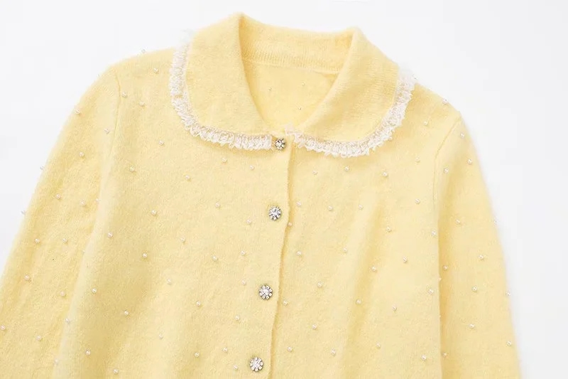 Fashion Yellow Faux Pearl-embellished Knitted Jacket,Coat-Jacket