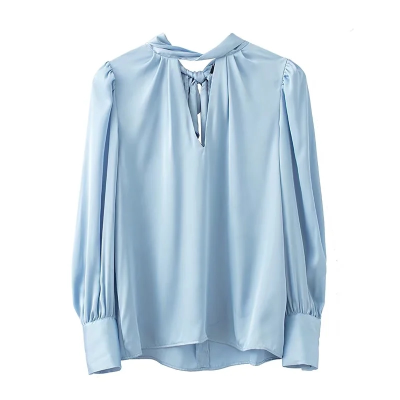 Fashion Blue Silk V-neck Shirt,Blouses