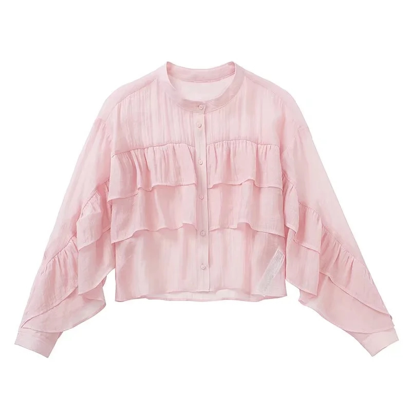 Fashion Pink Crewneck Buttoned Layered Lace Top,Blouses