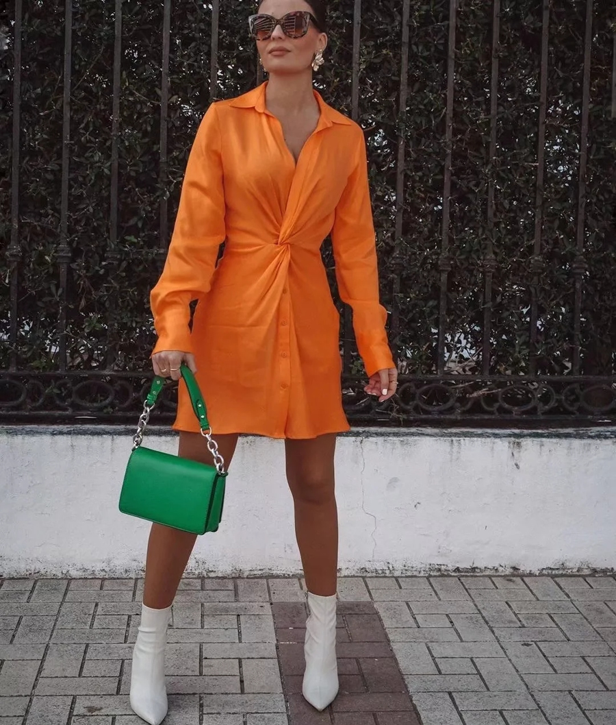 Fashion Orange Silk Satin Lapel Knot V-neck Dress,Mini & Short Dresses