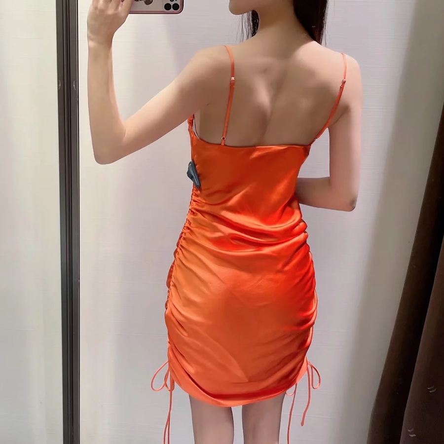 Fashion Orange Silk-satin Crinkled Drawstring Slip Dress,Mini & Short Dresses