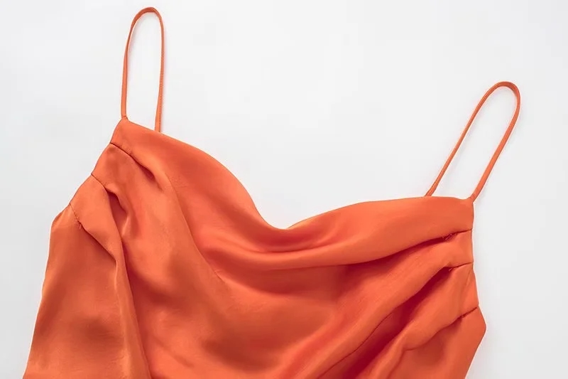 Fashion Orange Silk-satin Crinkled Drawstring Slip Dress,Mini & Short Dresses