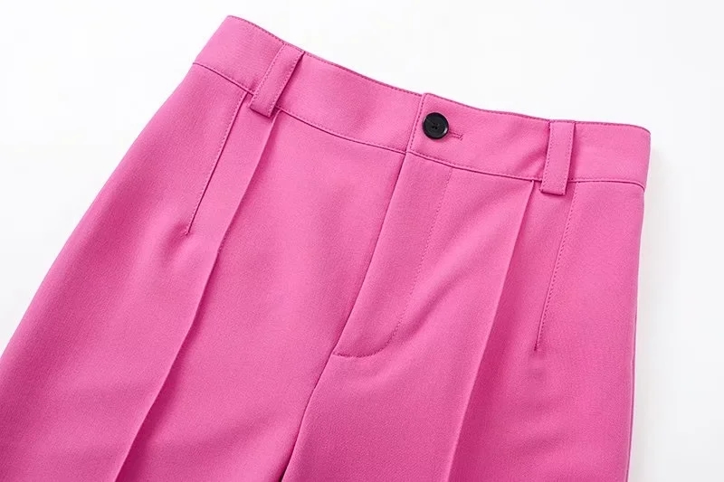Fashion Pink Micro Pleated Single-button Straight-leg Trousers,Pants