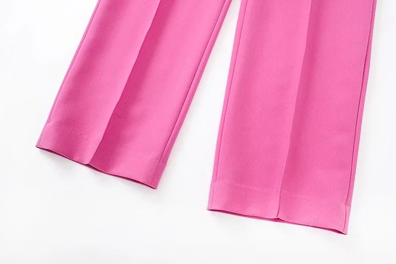 Fashion Pink Micro Pleated Single-button Straight-leg Trousers,Pants