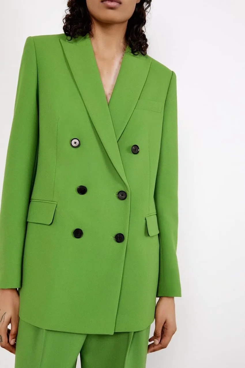 Fashion Green Double-breasted Pocket Blazer,Coat-Jacket