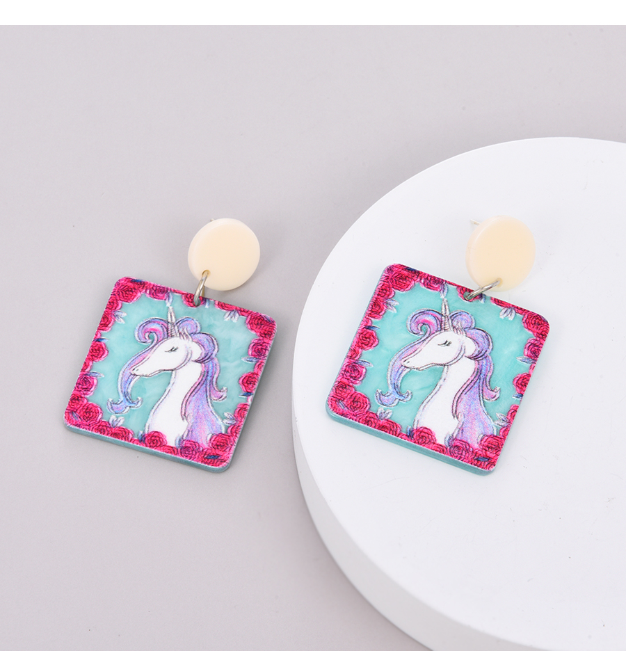 Fashion Color Resin Print Unicorn Square Stud Earrings,Stud Earrings