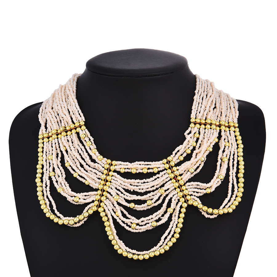 Fashion White Alloy Multilayer Rice Bead Necklace,Multi Strand Necklaces