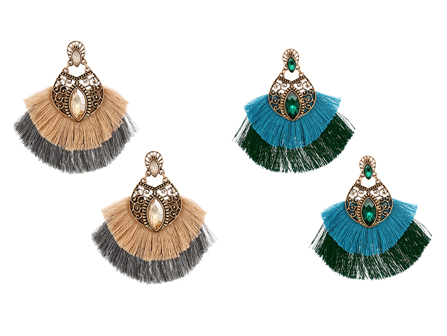 Fashion Khaki Alloy Diamond Colorblock Tassel Stud Earrings,Stud Earrings