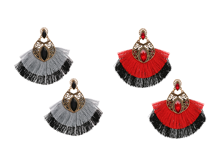 Fashion Red Alloy Diamond Colorblock Tassel Stud Earrings,Stud Earrings