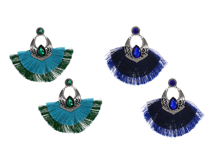 Fashion Blue Alloy Diamond Pattern Colorblock Tassel Stud Earrings,Stud Earrings