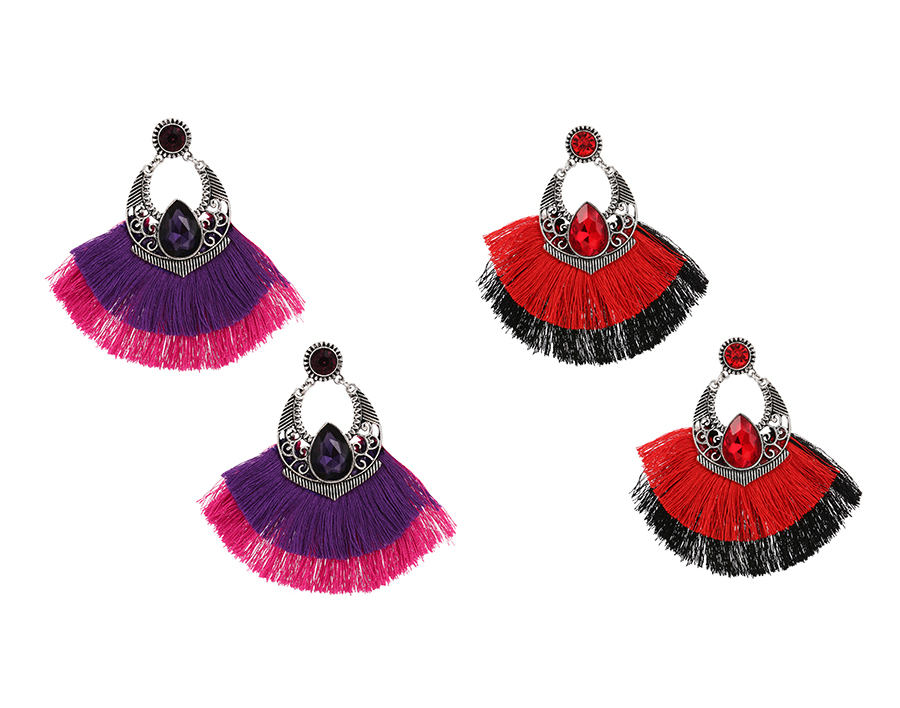 Fashion Red Alloy Diamond Pattern Colorblock Tassel Stud Earrings,Stud Earrings