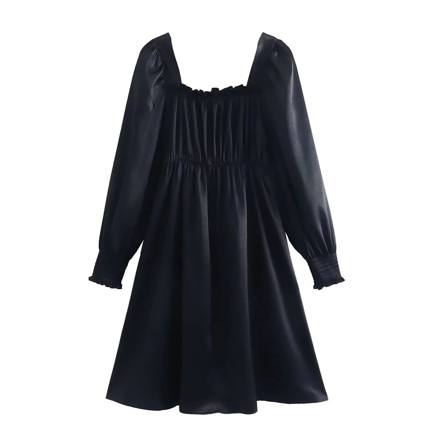 Fashion Black Square Neck Pleated Puff Sleeve Dress,Mini & Short Dresses