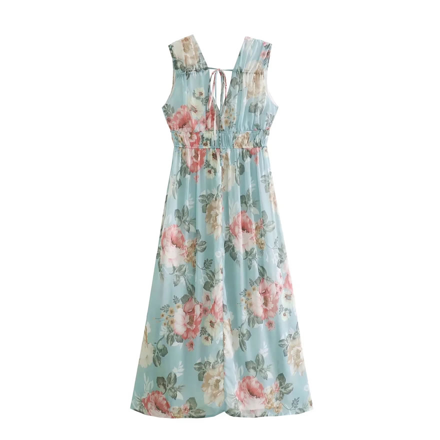 Fashion Blue Chiffon Print V-neck Waist Dress,Mini & Short Dresses