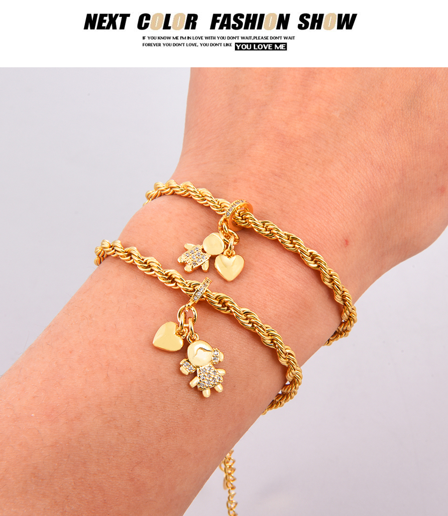 Fashion Golden-2 Copper Inlaid Zirconia Love Girl Twist Chain Bracelet,Bracelets