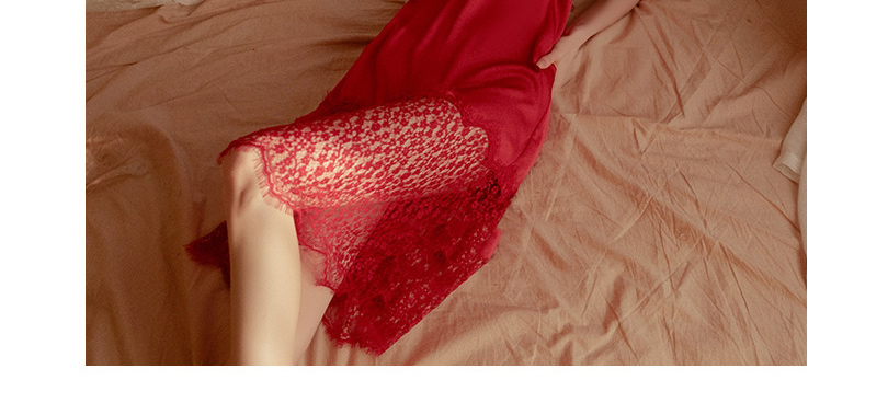 Fashion Red Wine Deep V Lace Perspective Sling Sleeping Skirt,SLEEPWEAR & UNDERWEAR