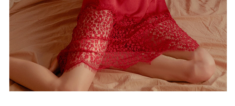 Fashion Red Wine Deep V Lace Perspective Sling Sleeping Skirt,SLEEPWEAR & UNDERWEAR