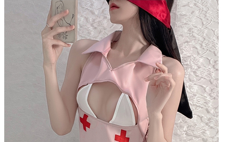 Fashion Lotus Root Starch Side Straps Hollow Nurse Clothing Uniform Set,SLEEPWEAR & UNDERWEAR