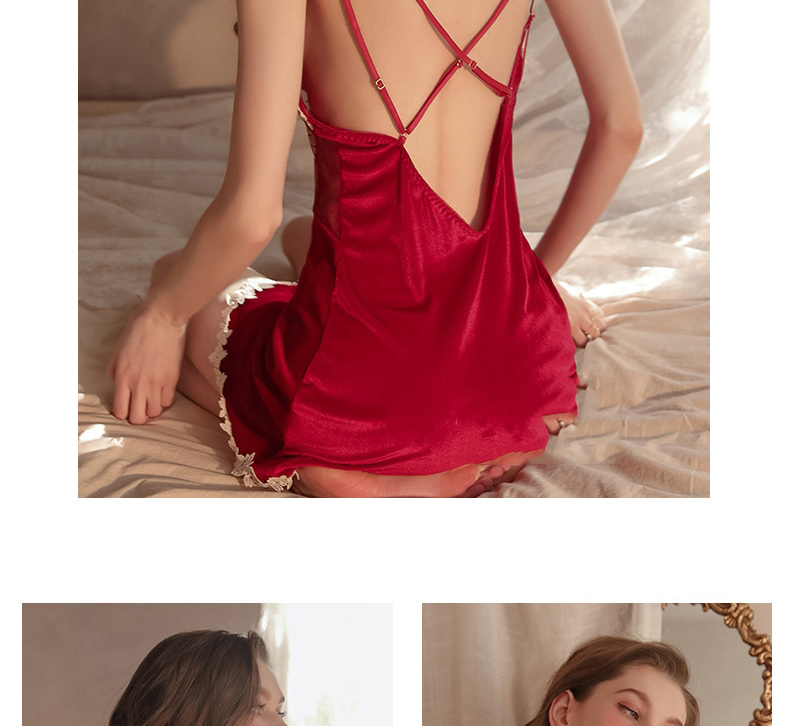 Fashion Red Wine Mesh Perspective Velvet Slings Skirt,SLEEPWEAR & UNDERWEAR
