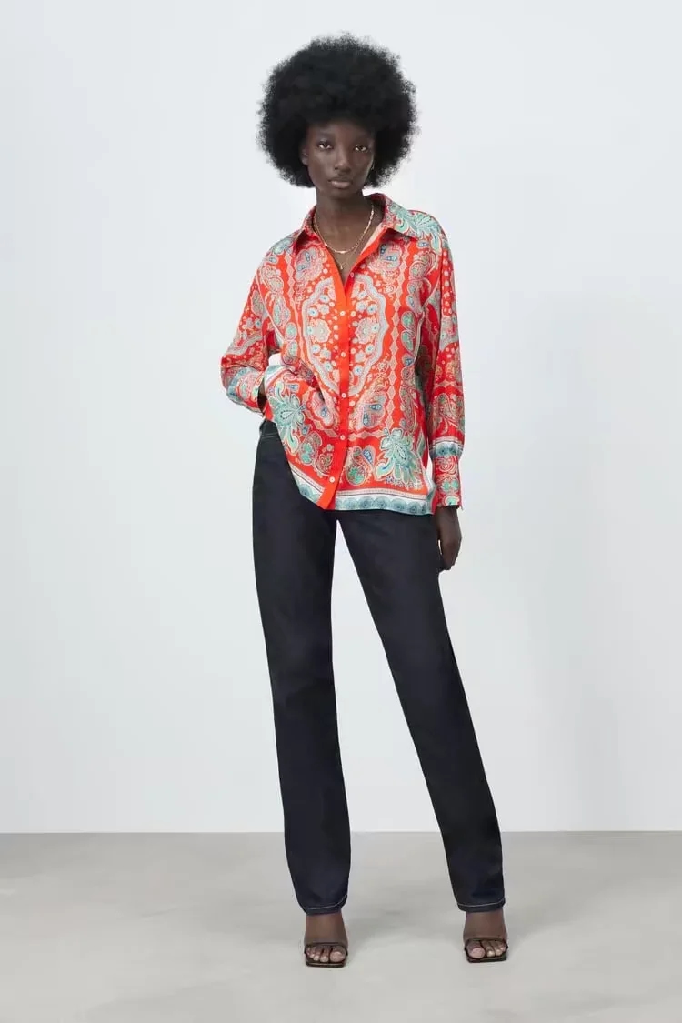 Fashion Red Geometric Print Woven Printing Row Buckle Lapel Shirt,Blouses