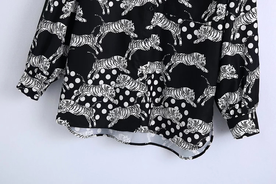 Fashion Black Woven Printing Row Buckle Lapel Shirt,Blouses