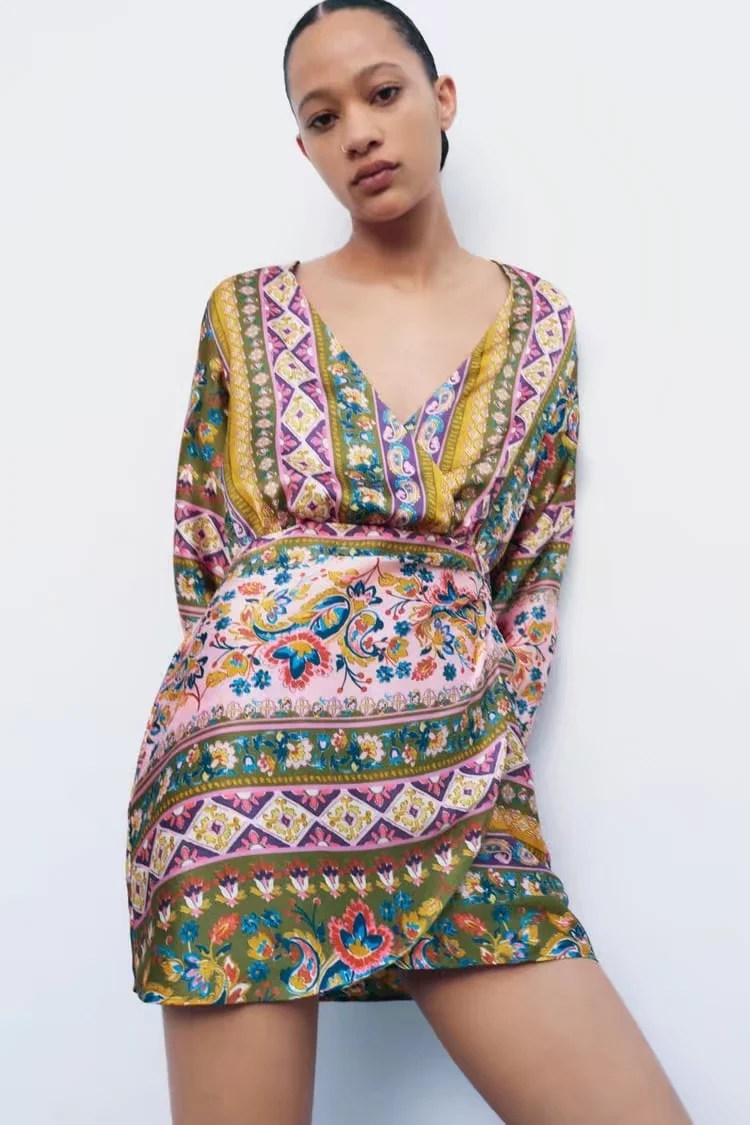 Fashion Color Silk Satin Print V Neck Dress,Mini & Short Dresses