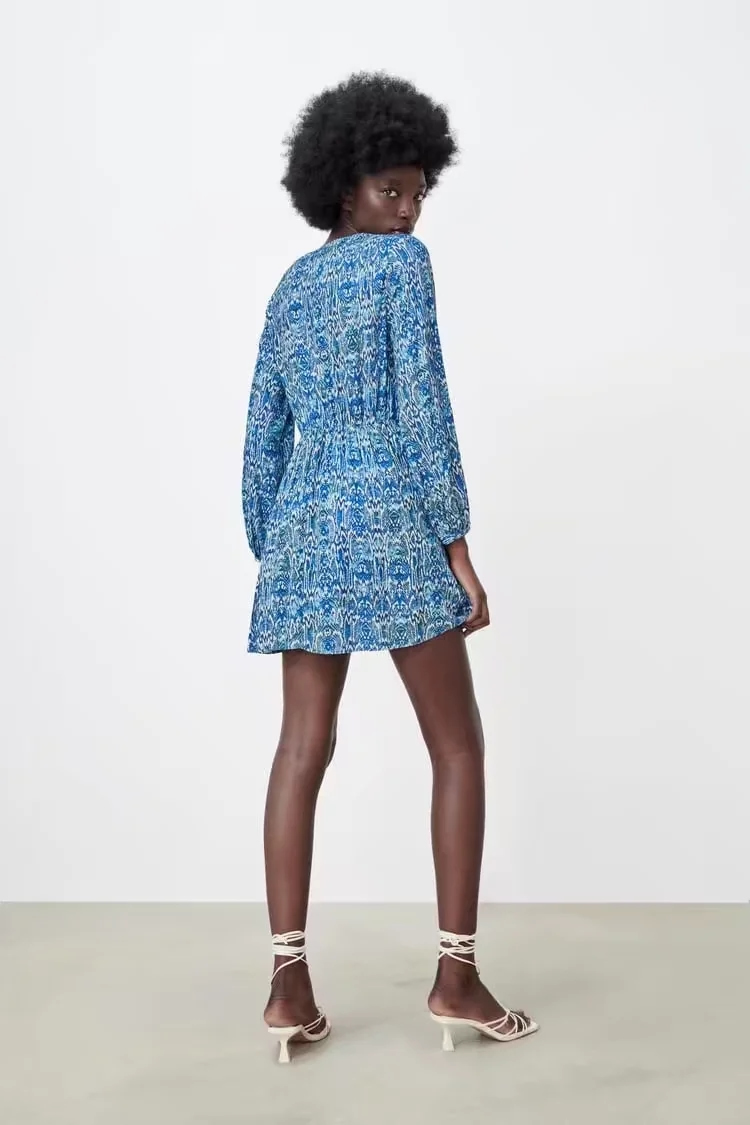 Fashion Blue Woven Print V Neck Dress,Mini & Short Dresses