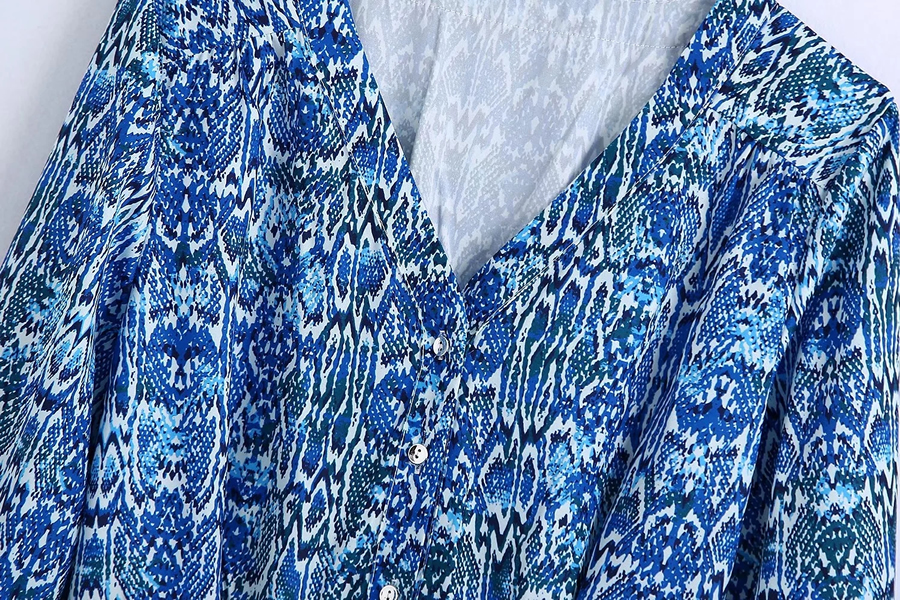 Fashion Blue Woven Print V Neck Dress,Mini & Short Dresses