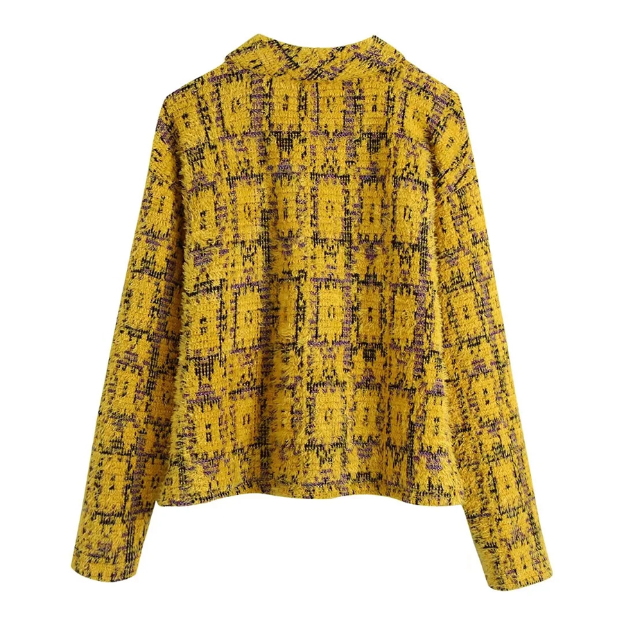 Fashion Yellow Geometric Knitting Buckle V-neck Shirt,Sweater